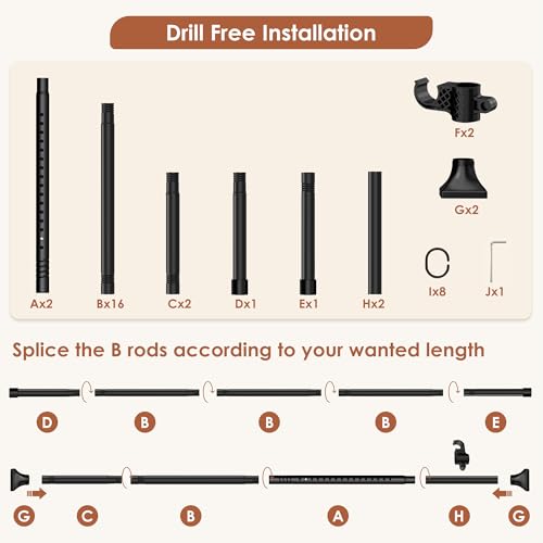 Room Divider Curtain Rod, No Drilling Partition Room Dividers Wall Separator Adjustable 30-70"(W) 50-120" (H) Heavy Duty 1 inches Tension Rod, Black PadPure