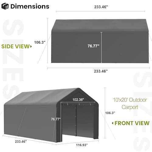 GOJOOASIS 10x20 Carport Heavy Duty Portable Garage Shelter Metal Car Canopy Tent with UV-Resistant & Weatherproof Top Cover for RV & Vehicles (Gray, 10x20 with sidewalls) GOJOOASIS