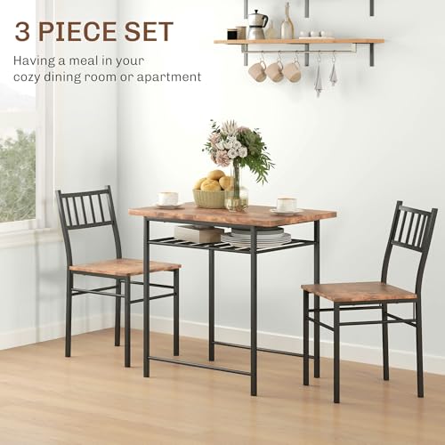 HOMCOM 3-Piece Dining Table Set for 2, Small Kitchen Table and Chairs with Built-in Storage Rack and Steel Frame, for Breakfast Nook and Small Space, Rustic Brown HOMCOM