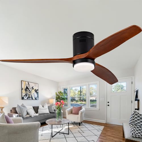 Ceversa 52 Inch Solid Wood Low Profile Ceiling Fan with Light and Remote Control,3 Blades Flush Mount Ceiling Fan Walnut Craftmade Easy Installation for Living Room Bedroom Farmhouse Indoor Ceversa