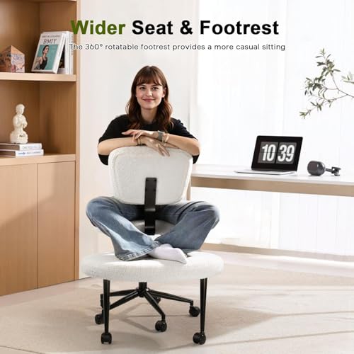 Waleaf Ergonomic Cross Legged Office Chair, ADHD Chair for Adults, Height Adjustable Meditation Chair with Wheels, Teddy Fabric Yoga Kneeling Chairs with Comfortable Back Support (White) Waleaf