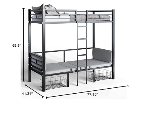 PVWIIK Twin Size Loft Bed with Desk for Dormitory,Living Room,Bedroom,Metal Bed Frame w/Wood Slats Support/Table Sets Transformable to Twin Over Twin Bunk Bed,Black(Cushion Not Included) PVWIIK