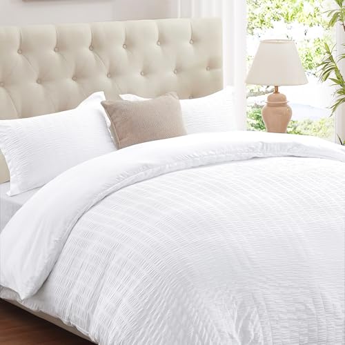Cozyide White Duvet Cover Full Size, 3 Pieces Bedding Duvet Covers, Soft Breathable Seersucker Duvet Cover Set with Zipper Closure and Corner Ties (1 Duvet Cover 80"x90" + 2 Pillow Shams 20"x26") Cozyide