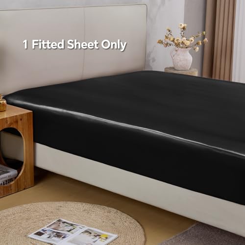 BEDELITE Satin Fitted Sheet Queen Size with Elastic Corner Straps, Luxury Soft Silk-Like Bed Sheet for Hair & Skin, 1 Deep Pocket Fitted Sheet Only Fits 15" Mattress, Fade & Wrinkle Resistant, Black BEDELITE