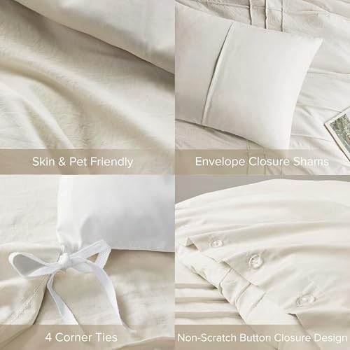Comfort Spaces Cream Queen Size Duvet Cover Set - 3 Pieces Pintuck Pleated Duvet Cover Queen, All Season Lightweight, Extra Softness Pre-Washed Microfiber Queen Bedding Cover Shams, Full/Queen Comfort Spaces