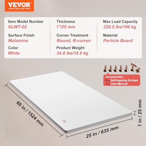 VEVOR Table Top, 60" x 25" x 1", 220.5 lbs Load Capacity, Universal One-Piece Particle Board Desktop for Height Adjustable Electric Standing Desk VEVOR