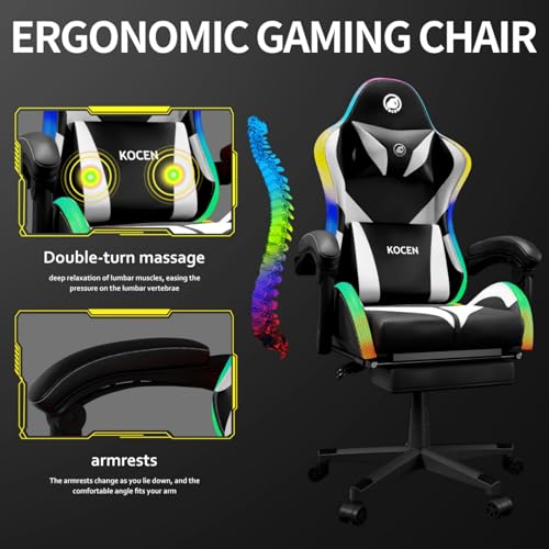 Gaming Chairs for Adults Tall and Kids,Lumbar Support,LED Lights,High Back Reclining Computer Chair with Headrest (Black+White) OHFILA