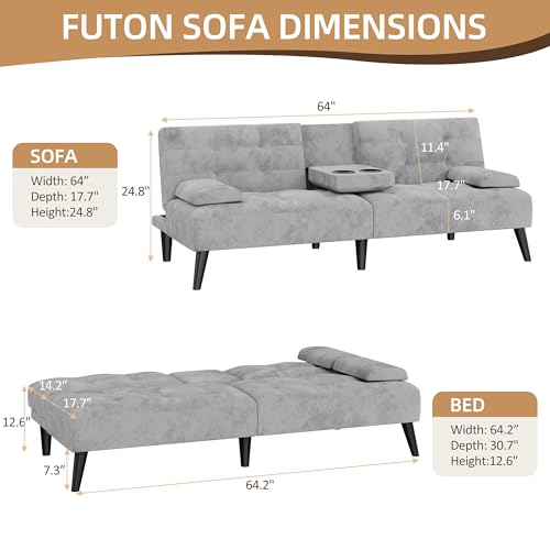 Shintenchi Futon Sofa Bed, Velvet Foldable Couch Reclining Sleeper w/Removable Armrests, Upholstered Loveseat w/Folding Cup Holders for Home, Office, Light Gray Shintenchi
