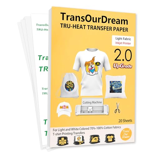TransOurDream Upgraded Iron on Heat Transfer Paper for T Shirts (20 Sheets, 8.5x11) Iron on Transfers for Light Fabric Printable Heat Transfer Vinyl for Inkjet Printer (TOD-4) TransOurDream