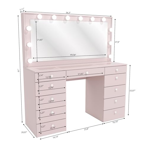 Boahaus Orla Extra-Large Makeup Vanity Desk with Hollywood Lights, 11 Drawers, Hair Dryer Hanger, USB Type-C & Type-A, Power Outlet for Beauty Tools, Glass Top, Crystal Knobs – Premium Pink Finish Boahaus