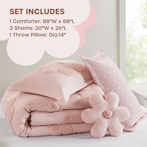Intelligent Design Kids Queen Comforter Set for Girls, Tufted Chenille Floral Comforter Set Queen, Lightweight Polka Dot Comforter Reversible Bed Set, Sham, Pillow, Gracie, Full/Queen Pink 4 Piece Intelligent Design