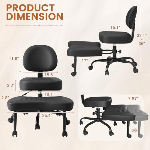 Shahoo Ergonomic Cross Legged Office Chair with Wheels - Adjustable Height Kneeling Meditation Chairs for ADHD, Yoga & Desk Work - Wide Criss Cross Seat with Lumbar Support, (Faux PU,Black) Shahoo