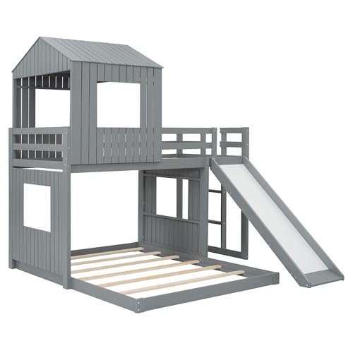 Harper & Bright Designs House Bunk Beds Twin Over Full Size, Wood Bunk Beds with Roof and Window (Grey, Twin Over Full (with Slide)) Harper & Bright Designs
