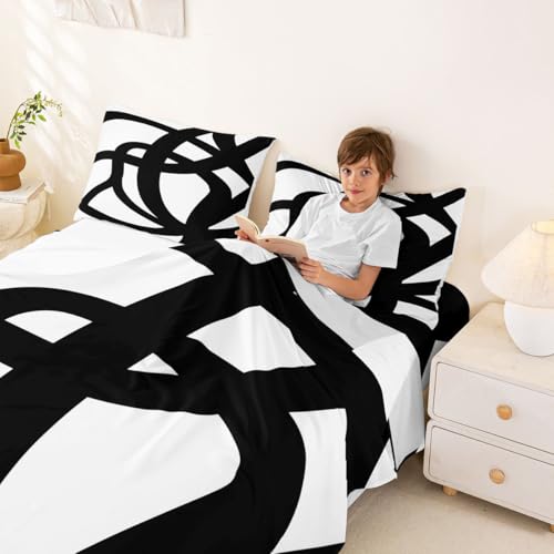 jejeloiu Stripe Line Sheet Set King Size Kids Geometric Sheets with Deep Pocket Fitted Sheet for Boys Girls Teens Black and White Bed Sheets Set Breathable Abstract Bedding Room Decor Modern Art jejeloiu