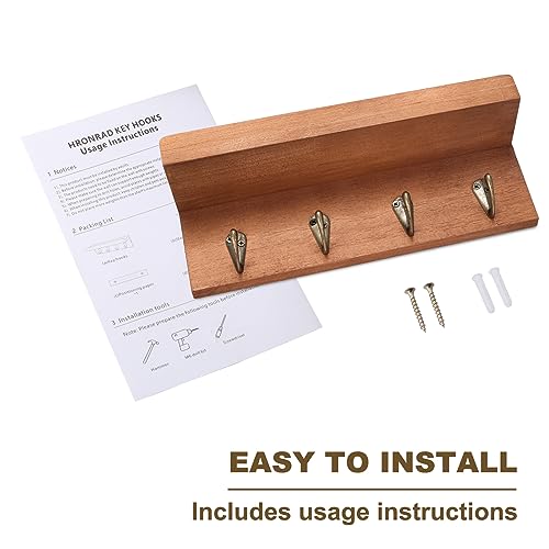 HRONRAD Rustic Key Holder for Wall, Farmhouse Wall Shelf with 4 Hooks, Wall Mounted Key Racks, Wooden Mail Organizer with Hooks for Entryway (Brown - Oak) HRONRAD