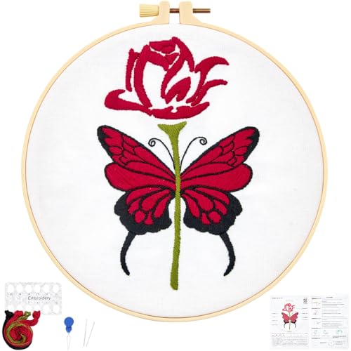 Butterfly Rose Embroidery Kits for Beginners Adults, Valentine's Day Hand Embroidery Kits, Cross Stitch Kits for Adult Anniversary Valentine's Gifts, Entire Set of Embroidery Supplies & Video Tutorial