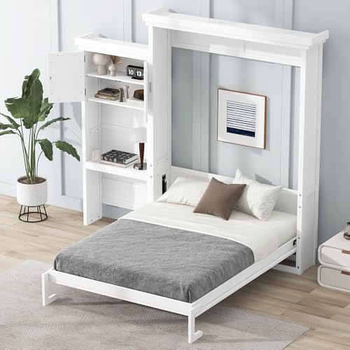 MERITLINE Queen Size Farmhouse Murphy Bed with Storage Cabinet and Shelves, Wooden Hidden Foldable Wall Bed Frame, Murphy Wall Bed Cabinet Queen for Adults, Space-Saving, White MERITLINE