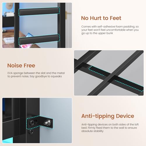 MSmask Full Size Loft Bed with 7 Storage Drawers, Large 2-Cube Bookshelf, L Desk & Charging Station, Metal Loft Bed with LED Lights & Open Shelf, Bed with Safety Guardrail & Ladders, Rustic Brown MSmask