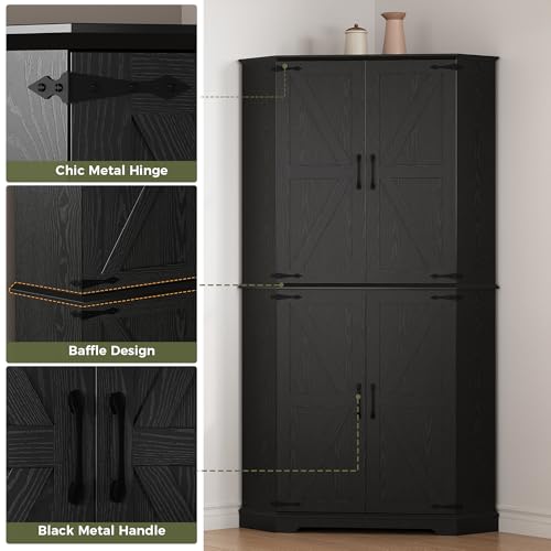 IRONCK Corner Cabinet, 72" Kitchen Pantry Cabinet, 6-Tier Freestanding Farmhouse Pantry with 2 Adjustable Shelves, 240°Swivel Doors, 2 Doors Storage, Spacious Hutch for Kitchen, Living Room, Black IRONCK