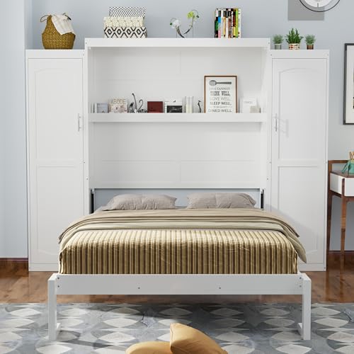 Ball & Cast Queen Size Murphy Bed W/ 2 Wardrobe & Storage Shelf,Horizontal Wall Bed W/Top Display Shelf,Space-Saving Murphy Bed Cabinet for Home Office,Apartment,Guest Room,White Ball & Cast