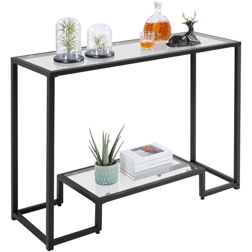 Yaheetech 42 Inch Console Table, Tempered Glass Entryway Table, 2-Tier Sofa Tables with Storage Shelves, Entrance Tables for Hallway Living Room, Black Yaheetech
