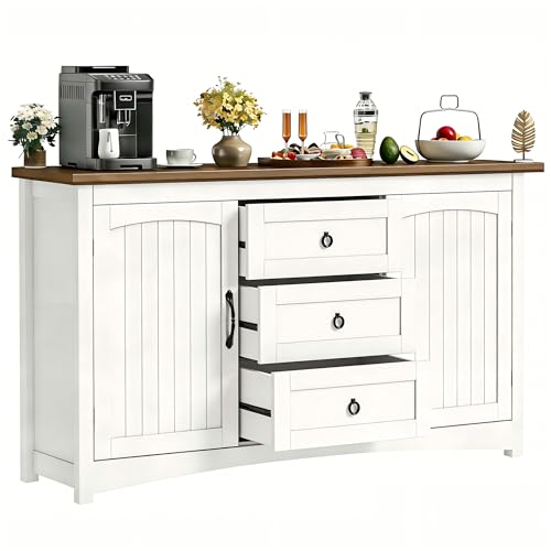 DWVO Farmhouse Sideboard Buffet Cabinet with Storage, 59" Sideboard Cabinet with Drawers & Doors, Kitchen Storage Cabinets for Dining Room Living Room, White DWVO