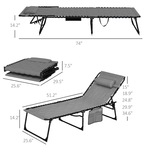Outsunny Padded Folding Chaise Lounge Chair Outdoor Set of 2, 5-Level Reclining Patio Loungers, Tanning Chairs with Side Pocket, Headrest and Carrying Handle for Beach, Yard, Patio, Gray