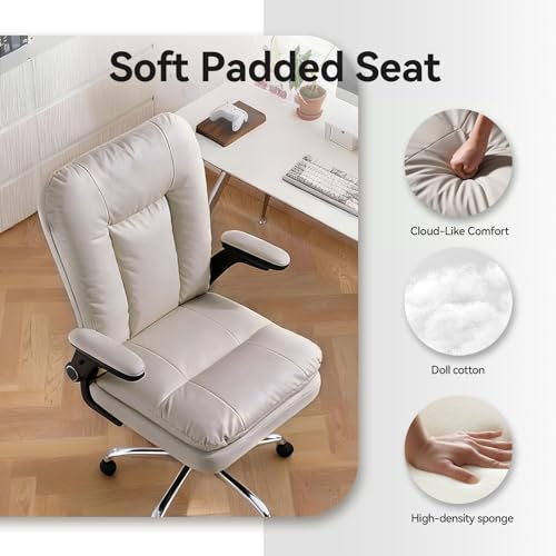 LEAGOO Ergonomic Executive Office Chair, Mid Back Comfy Desk Chairs with 3D Padded Flip-up Arms, Faux Leather Computer Rolling Chair with Wheels for Home, Adjustable Height, 300lbs, Beige LEAGOO
