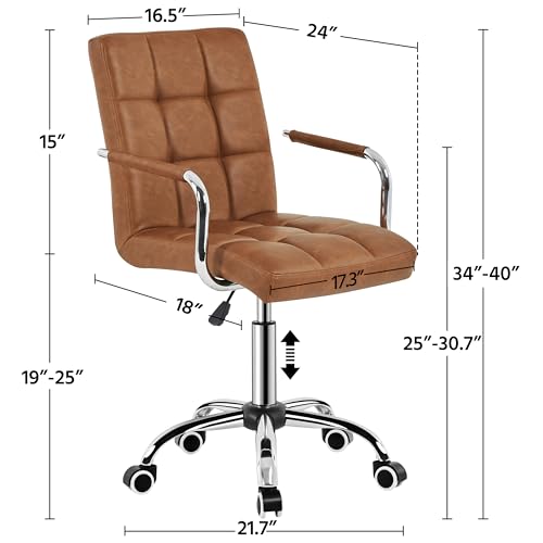 Yaheetech PU Leather Comfortable Office Desk Chair Mid Back Height Adjustable Computer Swivel Chair w/Armrests, Retro Brown Yaheetech