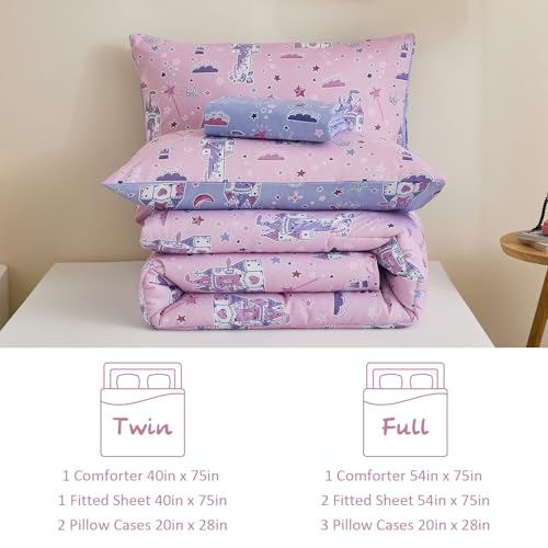 Anibedding 3Pcs Zip Up Bedding Comforter Set for Girls, Pink Castle All in One Zipper Twin Bedding Set with Pillowcase for Kids Anibedding