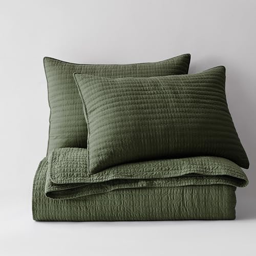 WDCOZY 100% Cotton King Size Quilt Set - Olive Green Striped Pick Stitch Soft Lightweight Bedspread, Textured Like Linen, Farmhouse Country Rustic Coverlet, Shabby Chic Gauze Bedding, 3 Pieces WDCOZY