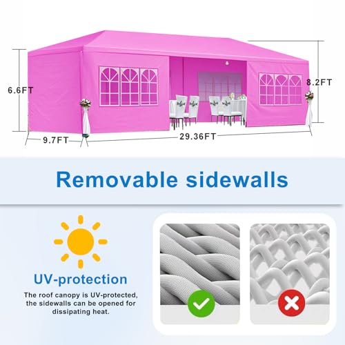 10x30ft Ez Pop up Canopy Tent with 8 sidewalls Easy Up Commercial Outdoor Canopy Wedding Party Tents for Parties All Season Wind & Waterproof Gazebo with Roller Bag (Pink, 10x30') AYJOIR