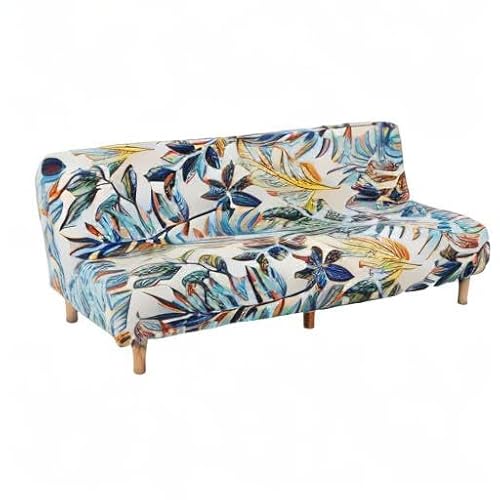 WOMACO Printed Futon Cover Stretch Sofa Bed Slipcovers Full Twin Queen Size Armless Couch Loveseat Protector Covers with Elastic Bottom for Living Room Bedroom Furniture (Rain Leaves, 75"-86.6") WOMACO