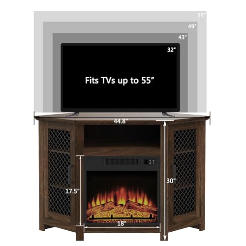 47" Corner Fireplace TV Stand for TVs Up to 55", Farmhouse Fireplace TV Stand with Remote 18" Electric Fireplace, Entertainment Center with Storage & Open Shelves for Living Room, Bedroom, Brown Vaczon
