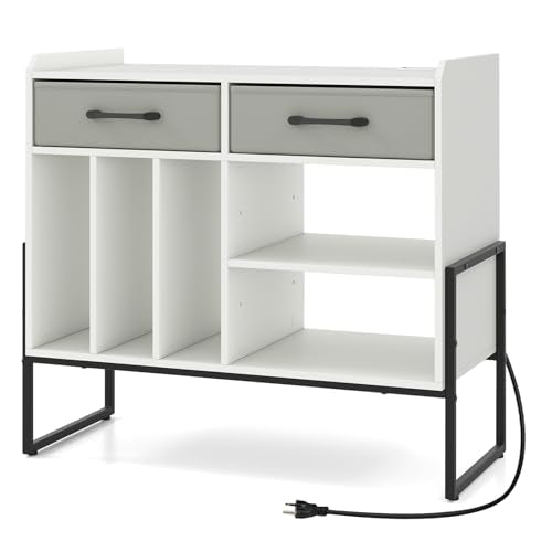 GOFLAME Record Player Stand with Charging Station, Large Turntable Stand with 3 Vinyl Storage Dividers, 2 Fabric Drawers, 3-Tier Adjustable Shelf, Record Player Cabinet for Living Room (White) GOFLAME