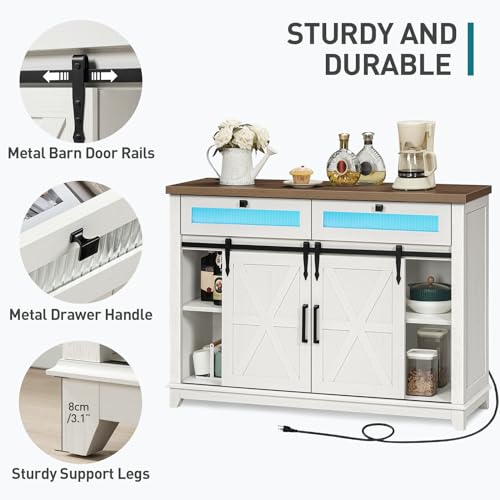 RALGEND Farmhouse Buffet Cabinet with LED Lights, 47" Coffee Bar Cabinet with Power Outlet, Kitchen Buffet Cabinet with 2 Drawers, Sideboard Cabinet, Sliding Barn Doors, White and Walnut 12CBUDWH RALGEND