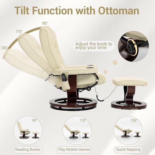 WENTUM Heated Massage Recliner Chair with Ottoman, PU Leather Lounge Chair with Footrest & 360 Swivel Wooden Base for Adults Bedroom Living Room, Beige WENTUM
