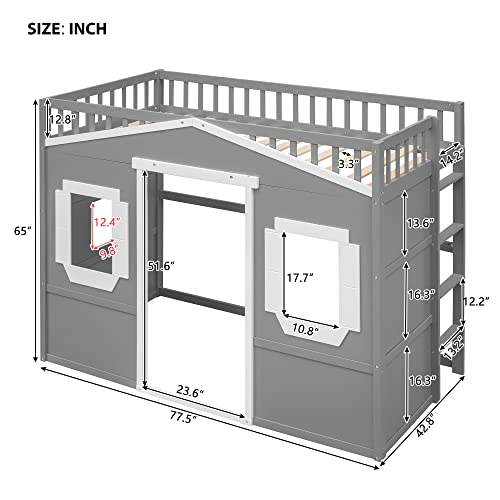 Merax Twin Size Loft Bed with Wardrobe, Space-Saving House Bed Frame with Safety Guard & Ladder for Small Bedroom, Gray+White Merax