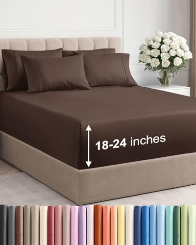 Extra Deep Queen Sheet Set - 6 Piece Breathable and Cooling Sheets - Hotel Luxury Bedding for Women, Men, Kids & Teens - Easy & Secure Fit - Soft, Wrinkle Free and Comfy - Extra Deep Pockets - Brown CGK Unlimited