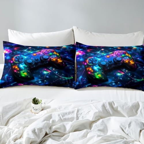Feelyou Kids Gamer Bed Sheets Set King Size, Galaxy Gaming Sheet Set Glitter Game Comforter Cover Boys Girls Gamepad Teens Bedspread Cover Bedroom Decor with 2 Pillow Case Feelyou