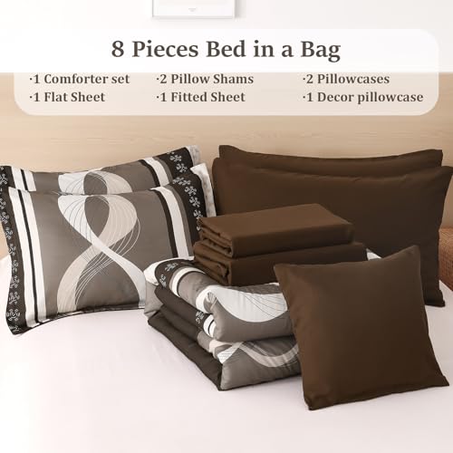 Anibedding Boho Comforter Set,8 Pieces Bed in a Bag Patchwork Striped Comforter Set,Brown Bed Set Queen Size, Soft Microfiber Boho Bedding Set for All Season(90"×90") Anibedding