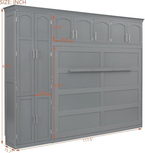Virubi Queen Horizontal Murphy Bed Cabinet with Storage Cabinet,Wood Folding Murphy Wall Bed for Adult (Grey) Virubi