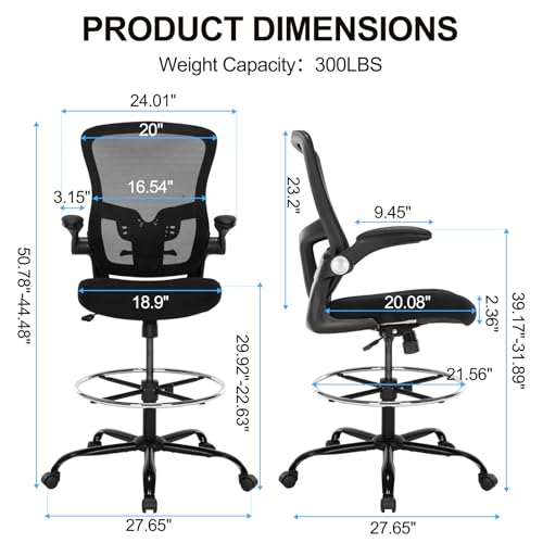 Bondesin Drafting Chair, Ergonomic Tall Office Chair with Lumbar Support Standing Desk Stool with Flip-up Armrests Comfy High Office Desk Chair with Adjustable Foot Ring for Counter Height Desk, Black Bondesin