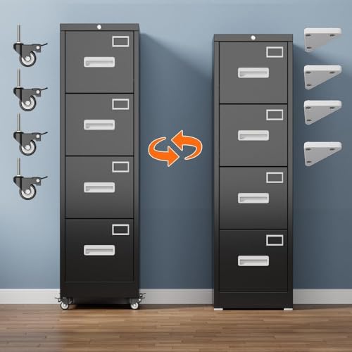 Aobabo 4 Drawer File Cabinet with Lock and Wheels, Metal Vertical Filing Cabinet with Anti-Tilt Interlock System for Home Office, Fits Letter/Legal Size, Black,Required Assembly Aobabo