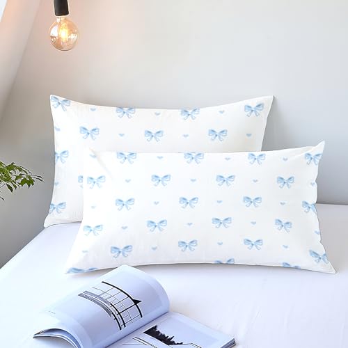 Sedefen Bow Comforter Set Twin Size Blue Striped Bedding Set Kids Girls Stripe Princess Style Bowknot Heart Reversible Soft Lightweight Comforter 2 Pieces (1 Comforter, 1 Pillowcase) Sedefen