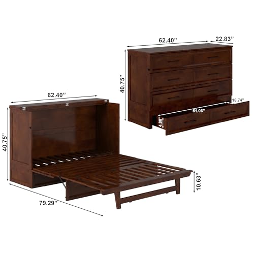 AFI, Tucson Queen Wood Murphy Bed Chest with 6" Mattress, Storage Drawer & Built-in USB Charger, Walnut AFI