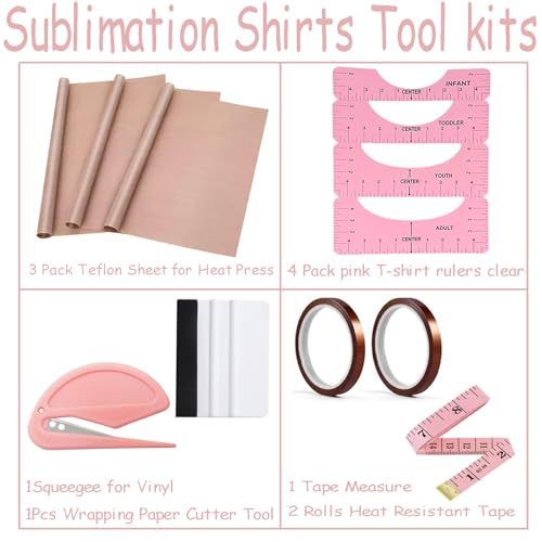 Sublimation Shirts Tool Kits (Pink) - 4 T Shirt rulers, 3Pack Teflon Sheet for Heat Press 12 x 16in - 2 Rolls Heat Resistant Tape,1 Tape Measure,1Squeegee for Vinyl YOUlDIANZI