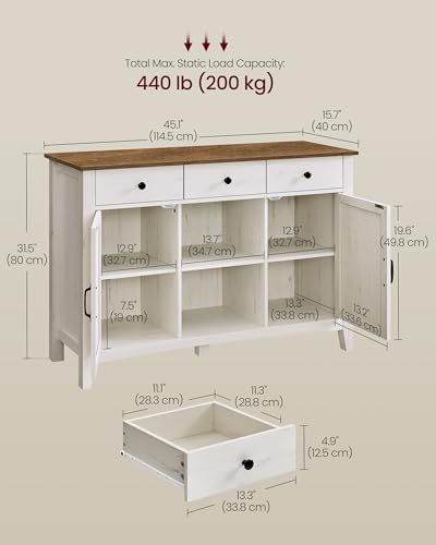 VASAGLE LIRY Collection - Buffet Cabinet, Coffee Bar Cabinet with 3 Drawers, Adjustable Shelves, Sideboard Storage with Cable Holes, Drawer Dividers, Rustic White and Honey Brown UBBK371W01V1 VASAGLE