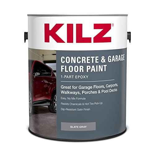 KILZ 1-Part Epoxy Acrylic Concrete and Garage Floor Paint, Interior/Exterior, Satin, Slate Gray, 1 Gallon KILZ