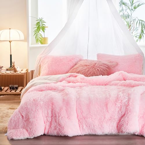 Flysheep Luxury Faux Fur Shaggy Comforter Set Twin Size, Plush & Sherpa Reversible Comforter Pink, 3 Pieces Fluffy Fuzzy Bedding Set Ultra Soft and Warm for Kids (1 Comforter + 2 Pillowcases) Flysheep